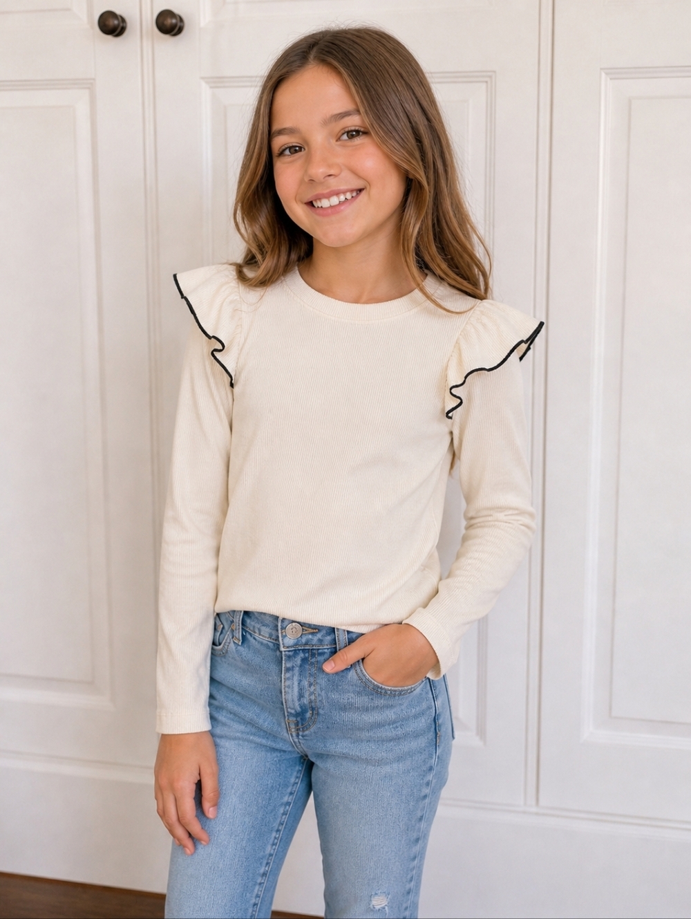 2/$50 ZARA Girls Ribbed Top 11-12 Cream Ruffle Shoulder Long Sleeve NWT